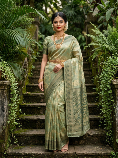 MIMOSA Green Banarasi Art Silk Saree - full length view on model standing on stairs
