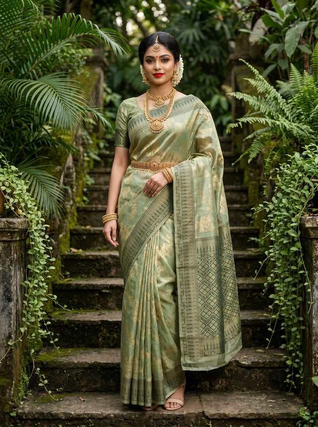 MIMOSA Green Banarasi Art Silk Saree - full length view on model standing on stairs