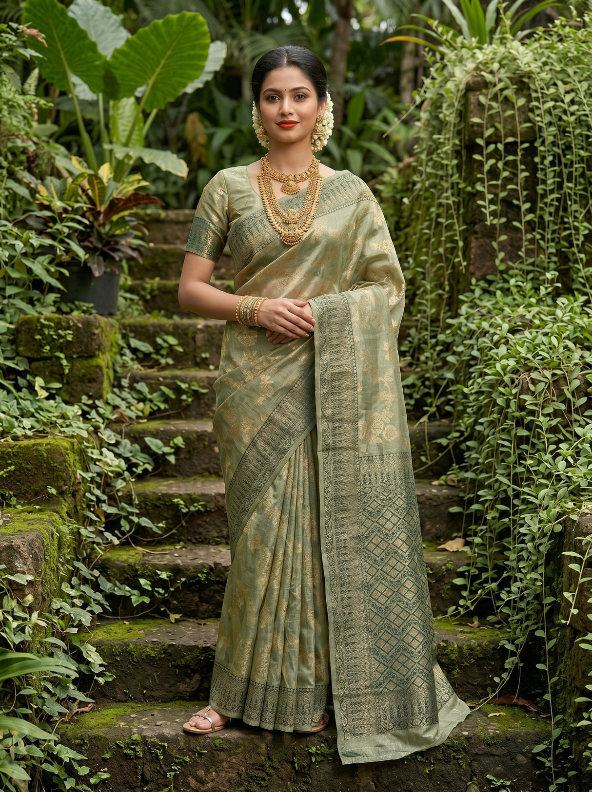 MIMOSA Green Banarasi Art Silk Saree - view of saree drape and shoulder