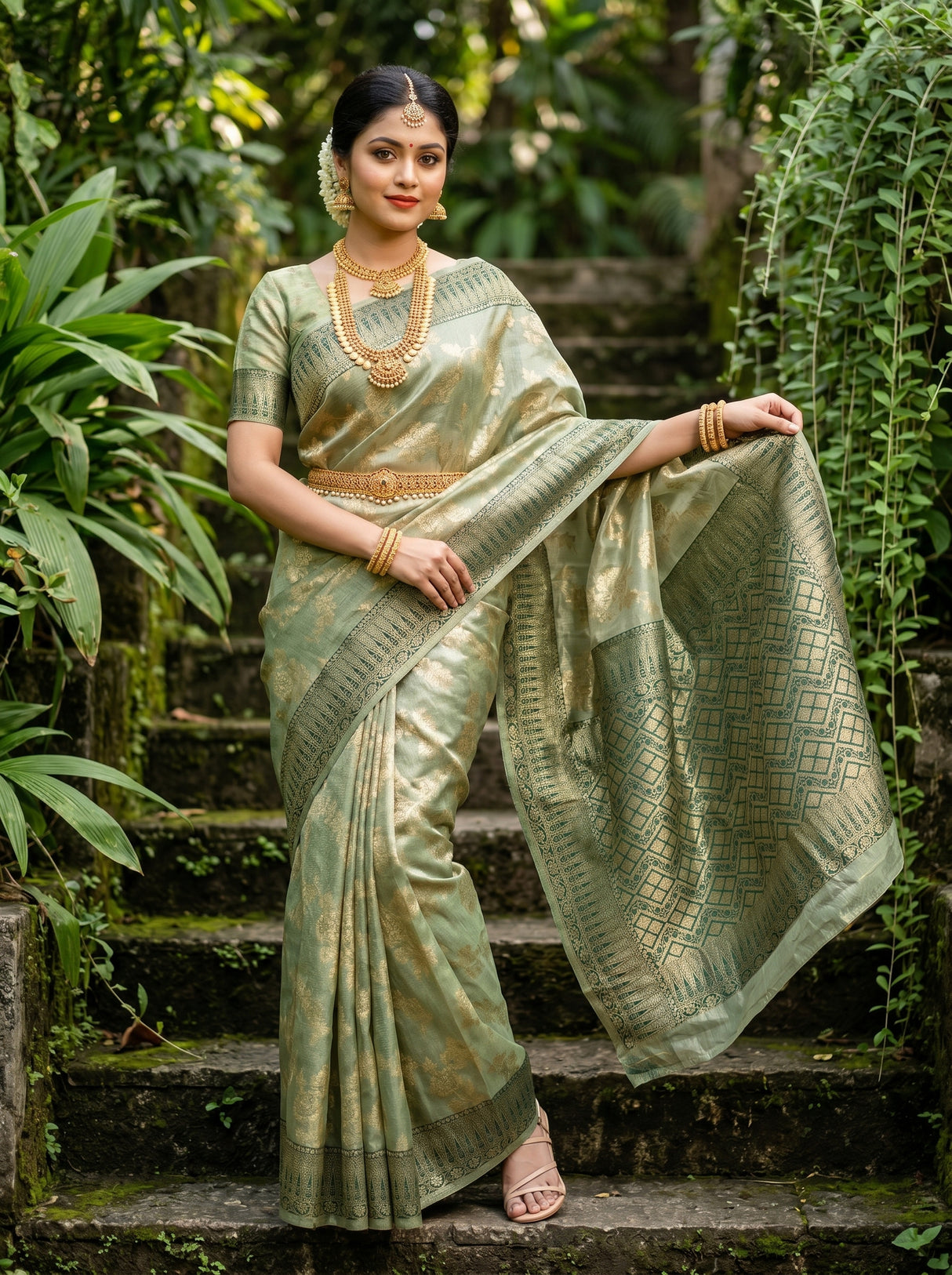 MIMOSA Green Banarasi Art Silk Saree - close-up of model's arm and bangles