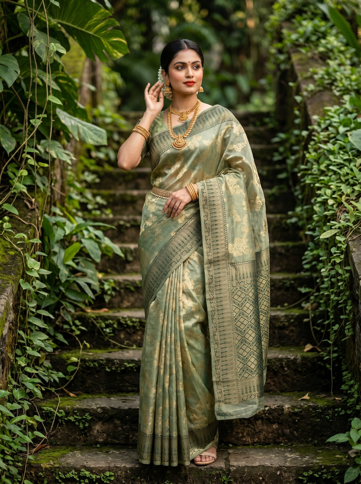 MIMOSA Green Banarasi Art Silk Saree - mid-section view showing pallu and belt