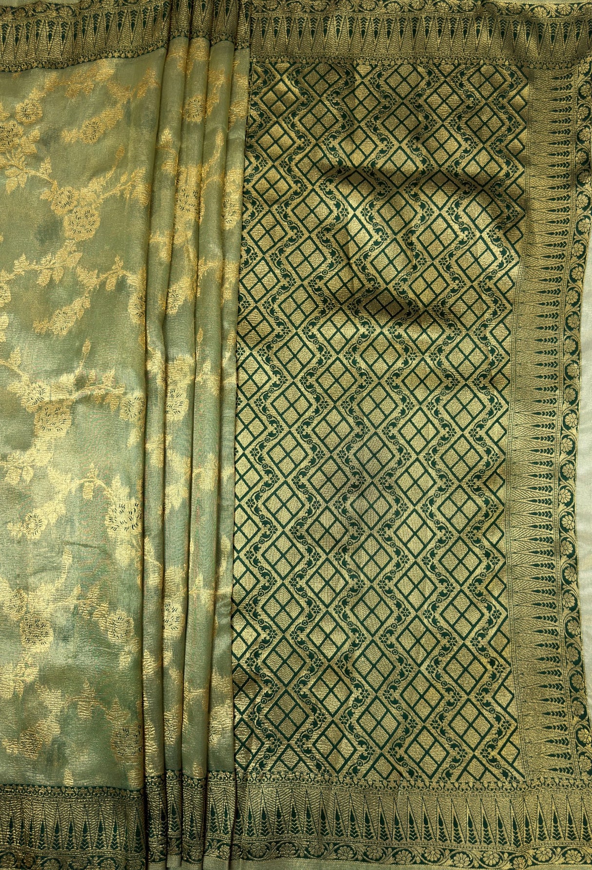 MIMOSA Green Banarasi Art Silk Saree - close-up of pallu detail near foliage