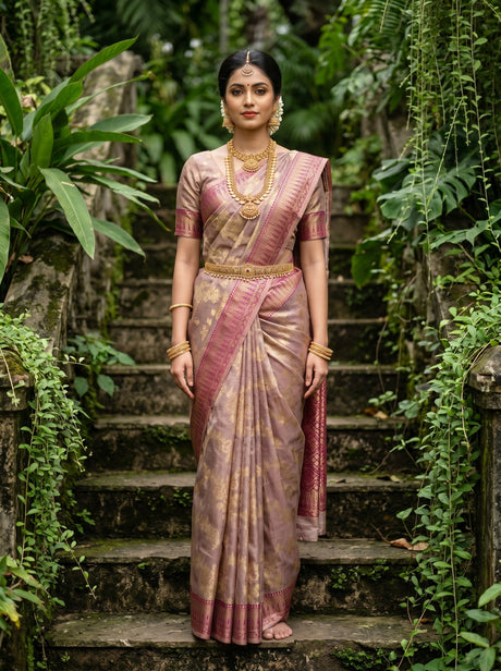 MIMOSA Magenta Banarasi Art Silk Saree - full length view on model standing on stairs