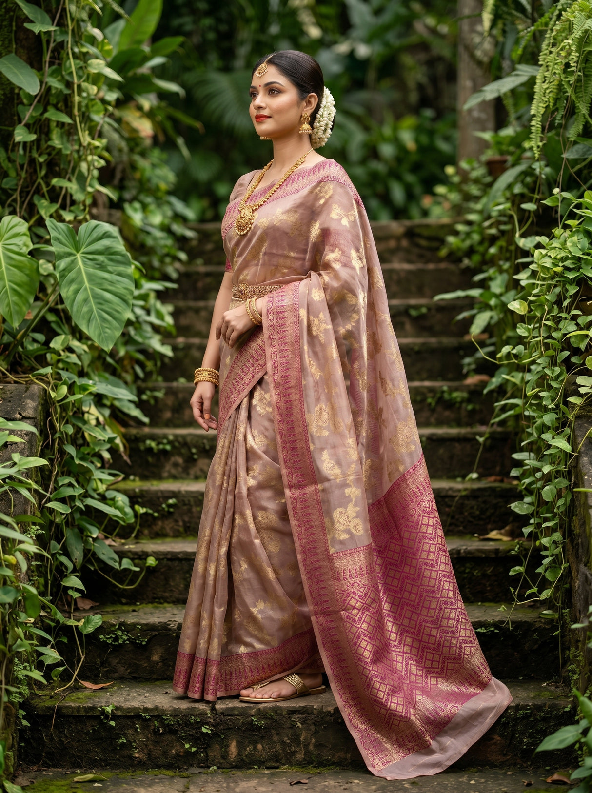MIMOSA Magenta Banarasi Art Silk Saree - close-up of model's face and jewelry