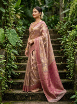MIMOSA Magenta Banarasi Art Silk Saree - close-up of model's face and jewelry