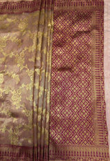 MIMOSA Magenta Banarasi Art Silk Saree - close-up of pallu detail near foliage