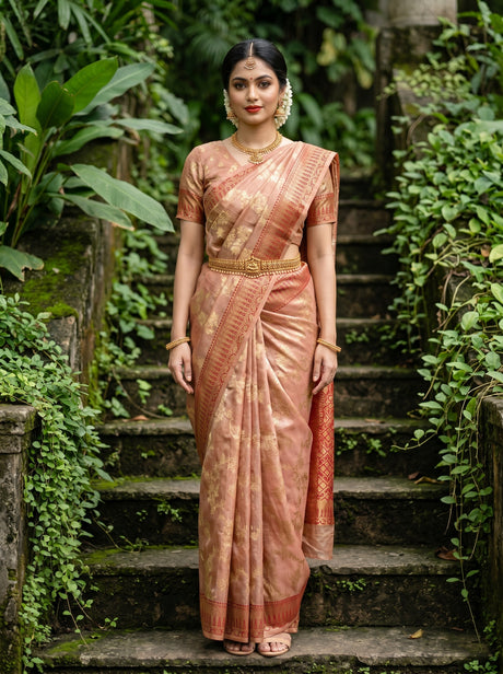 MIMOSA Maroon Banarasi Art Silk Saree - full length view on model standing on stairs