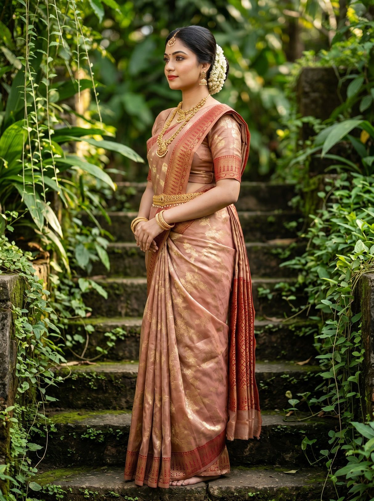 MIMOSA Maroon Banarasi Art Silk Saree - close-up of model's face and jewelry