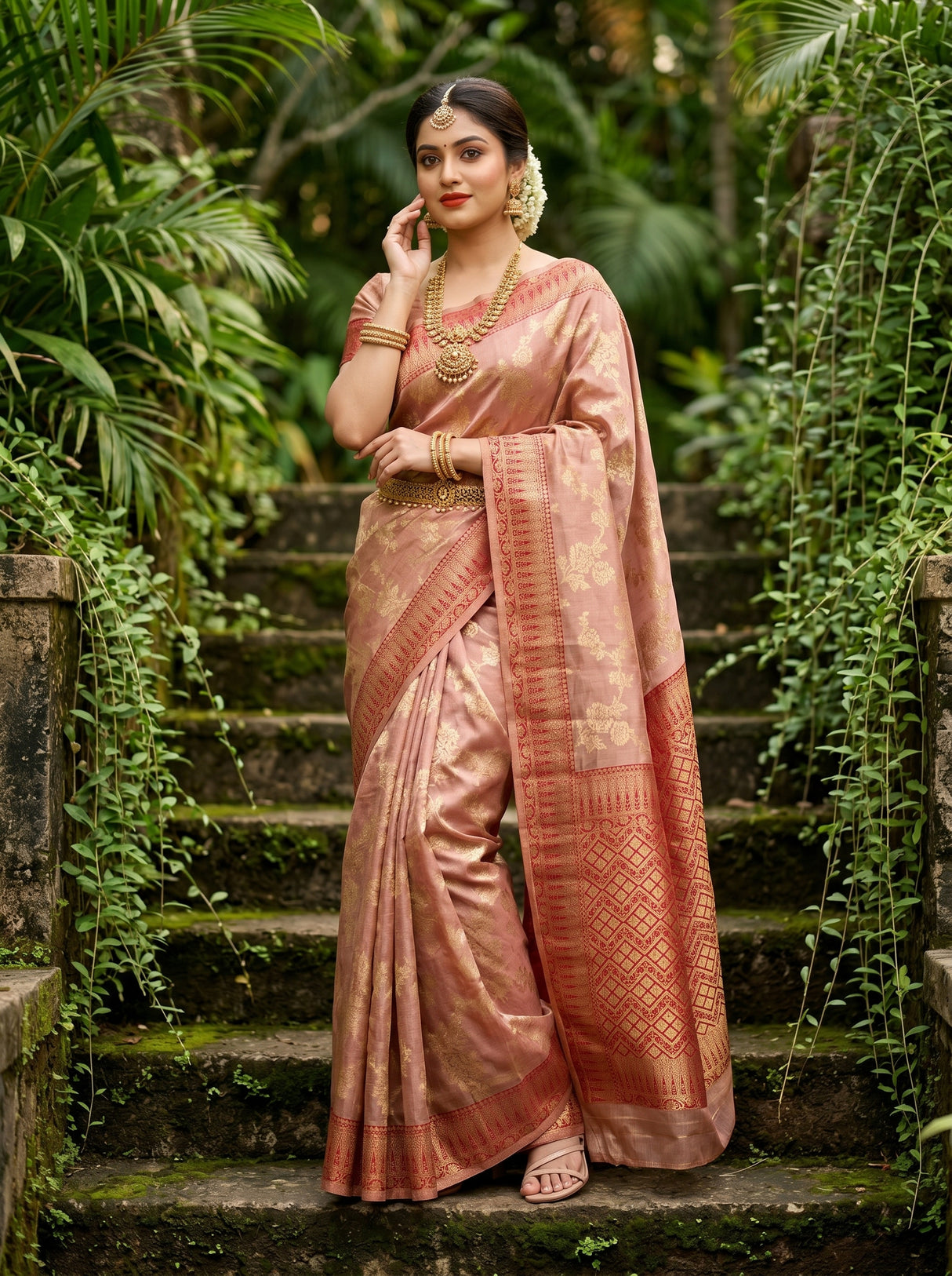 MIMOSA Maroon Banarasi Art Silk Saree - close-up of shoulder and foliage