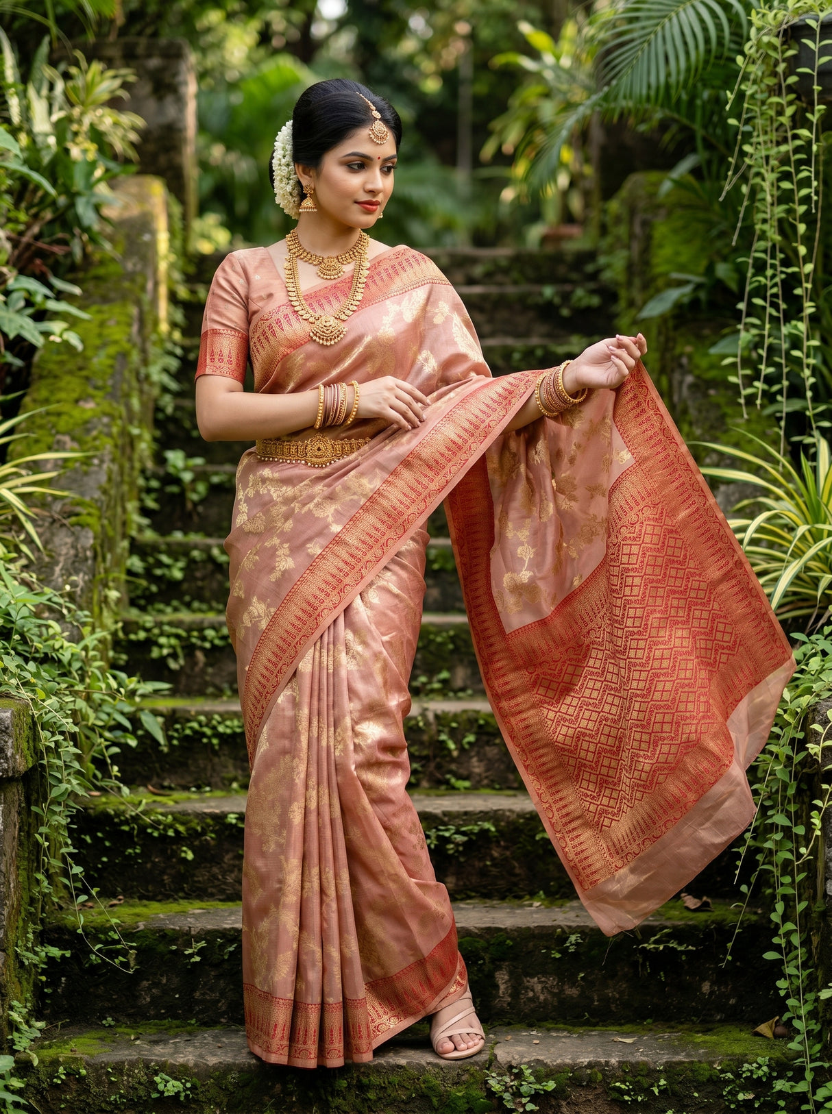 MIMOSA Maroon Banarasi Art Silk Saree - close-up of model's arm and bangles
