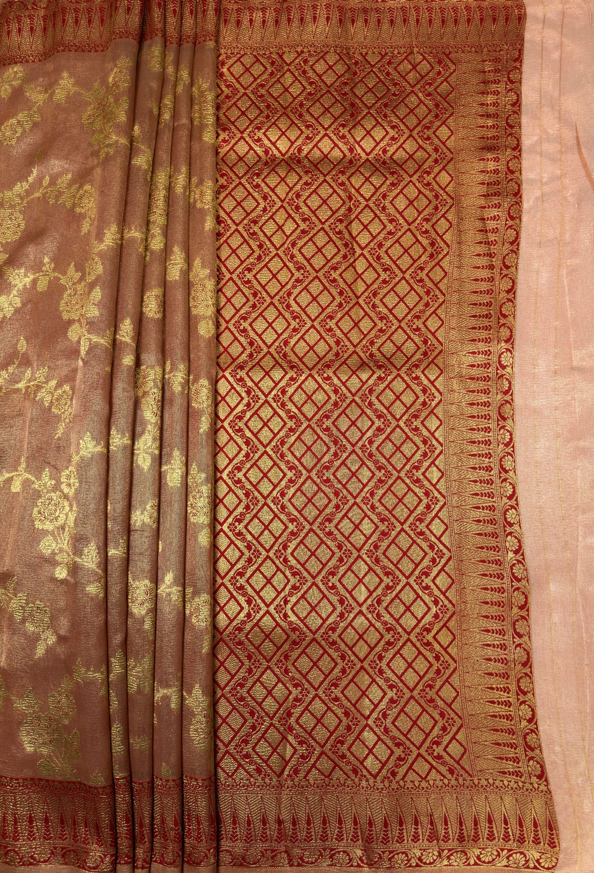 MIMOSA Maroon Banarasi Art Silk Saree - close-up of pallu detail near foliage