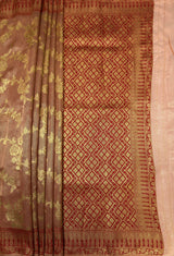 MIMOSA Maroon Banarasi Art Silk Saree - close-up of pallu detail near foliage