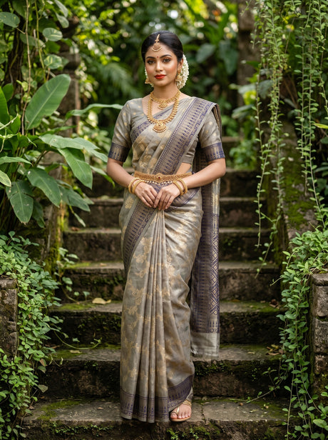 MIMOSA Navy Banarasi Art Silk Saree - full length view on model standing on stairs
