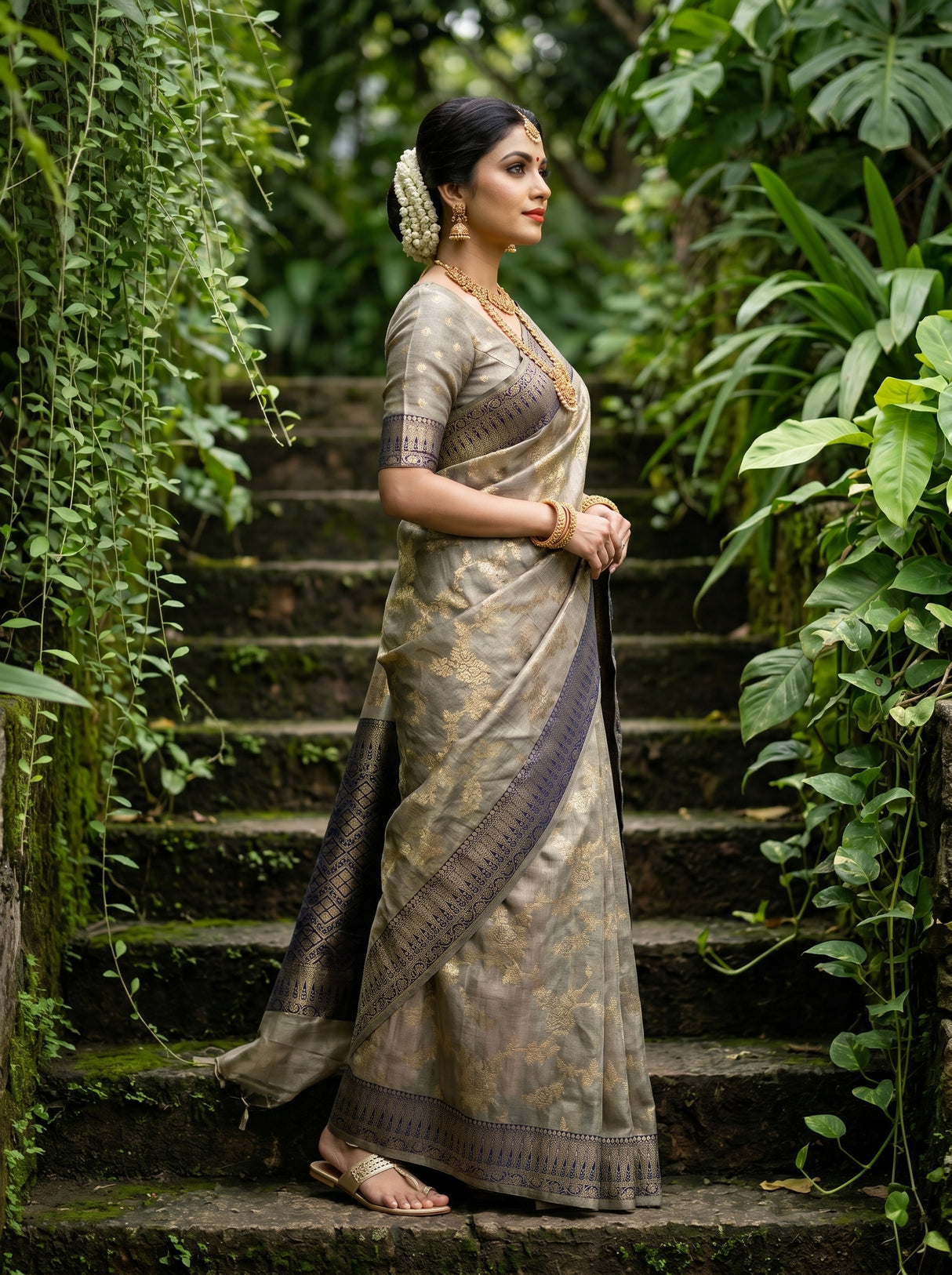 MIMOSA Navy Banarasi Art Silk Saree - close-up of model's face and jewelry