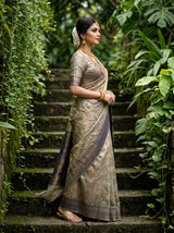 MIMOSA Navy Banarasi Art Silk Saree - close-up of model's face and jewelry