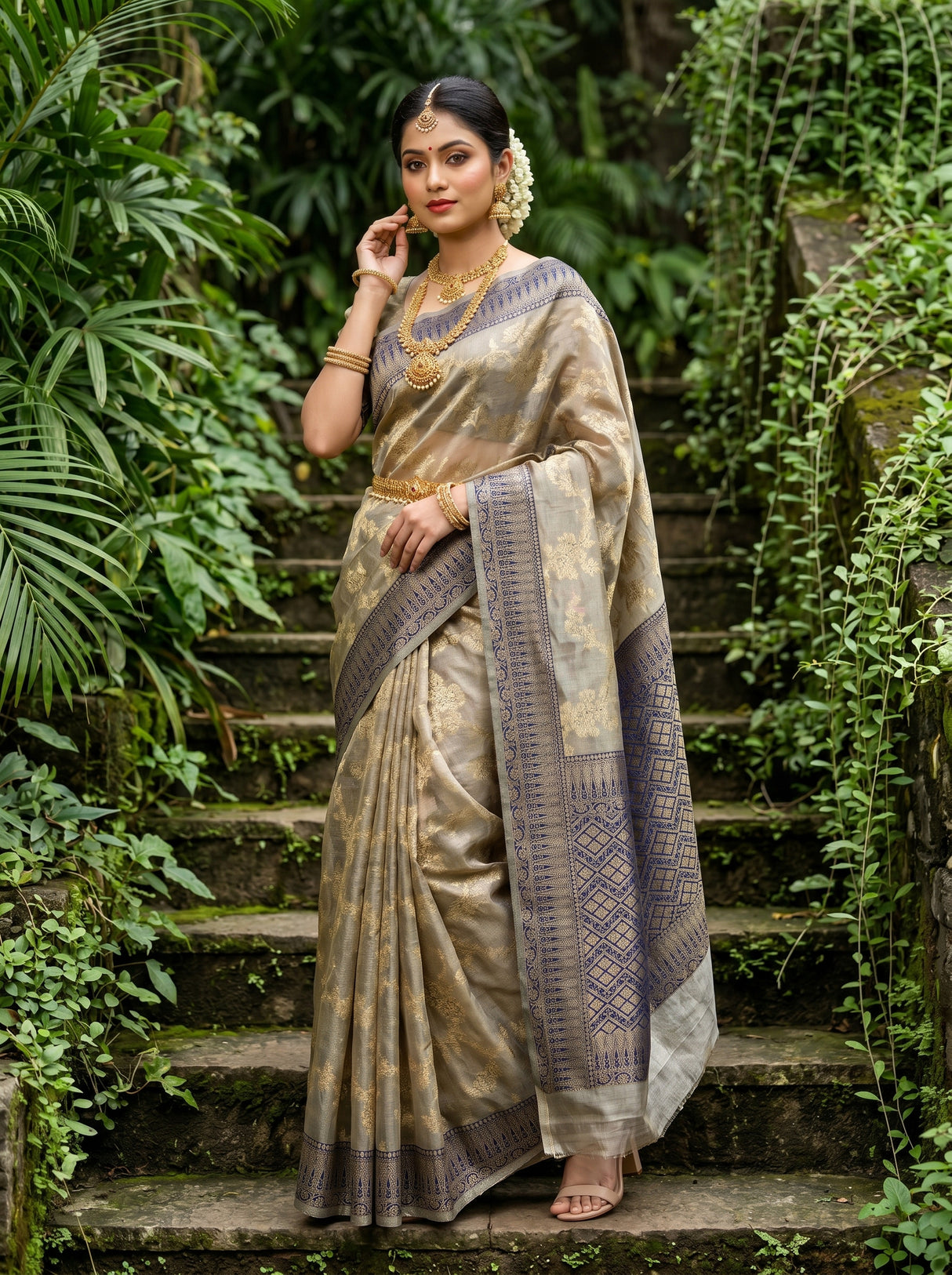 MIMOSA Navy Banarasi Art Silk Saree - close-up of shoulder and foliage