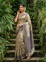 MIMOSA Navy Banarasi Art Silk Saree - close-up of shoulder and foliage