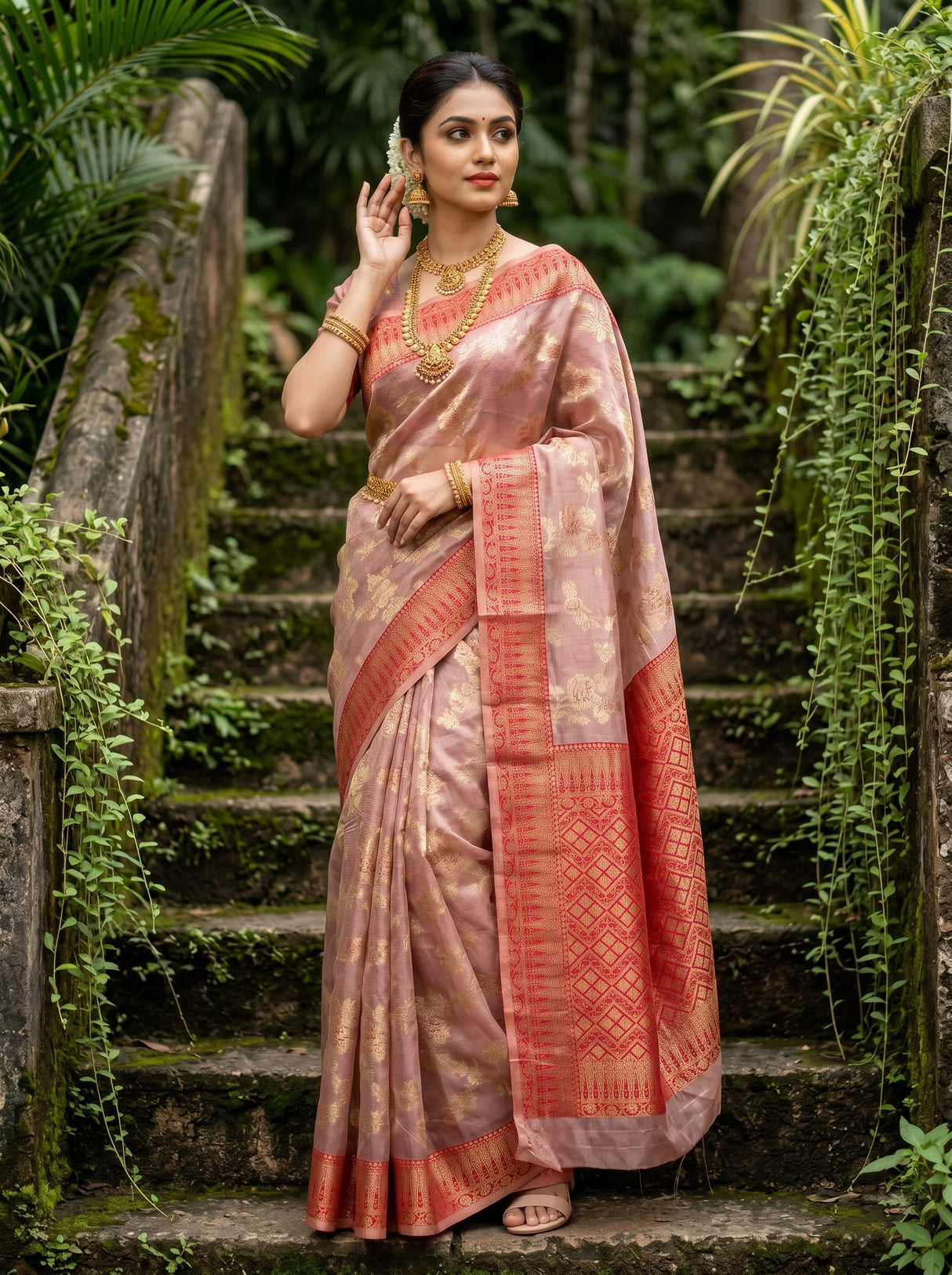 MIMOSA Rani Banarasi Art Silk Saree - mid-section view showing pallu and belt