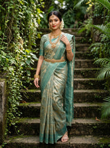 MIMOSA Saffire Banarasi Art Silk Saree - full length view on model standing on stairs