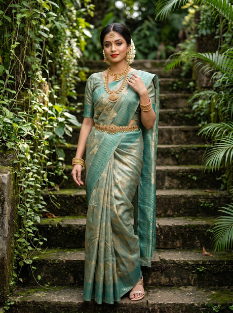 MIMOSA Saffire Banarasi Art Silk Saree - full length view on model standing on stairs