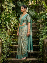 MIMOSA Saffire Banarasi Art Silk Saree - close-up of model's face and jewelry