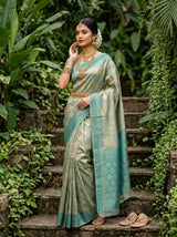 MIMOSA Saffire Banarasi Art Silk Saree - close-up of shoulder and foliage