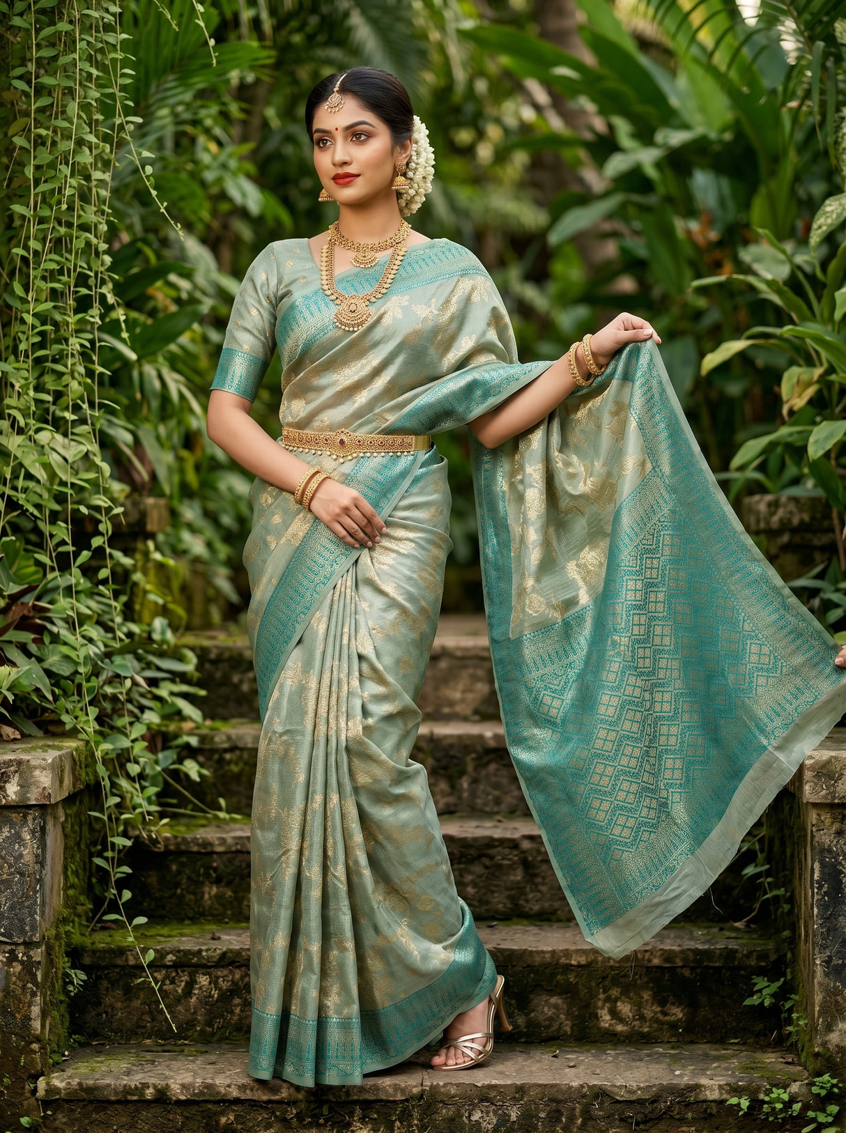 MIMOSA Saffire Banarasi Art Silk Saree - close-up of model's arm and bangles