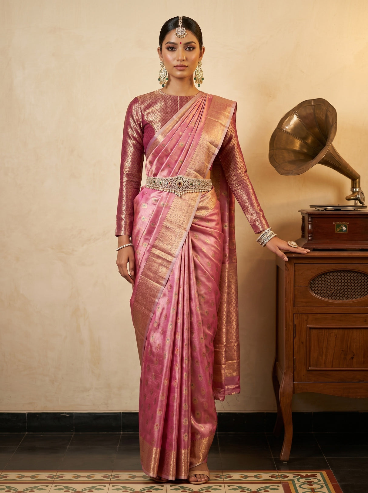 MIMOSA Rani Banarasi Art Silk Saree — AI Model lifestyle pose 1