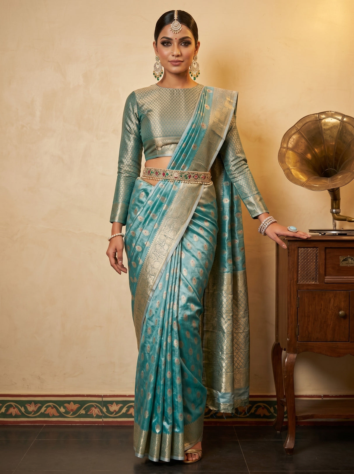 MIMOSA Sapphire Banarasi Art Silk Saree — AI Model lifestyle pose 1