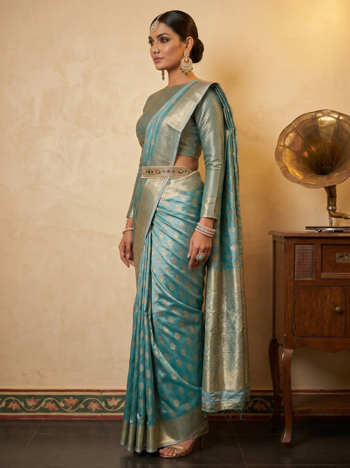 MIMOSA Sapphire Banarasi Art Silk Saree — pose 3 styling detail