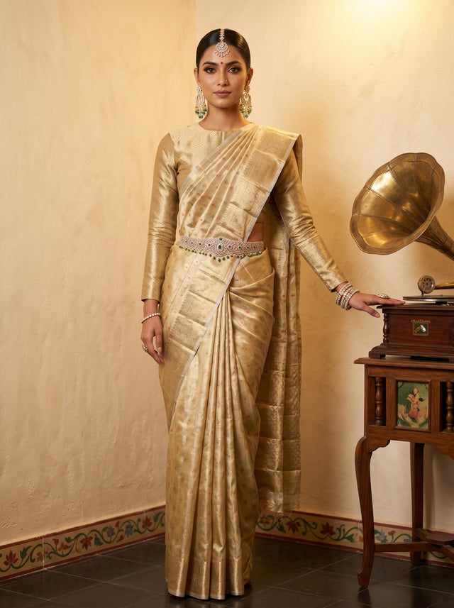 MIMOSA Tussar Banarasi Art Silk Saree — AI Model lifestyle pose 1