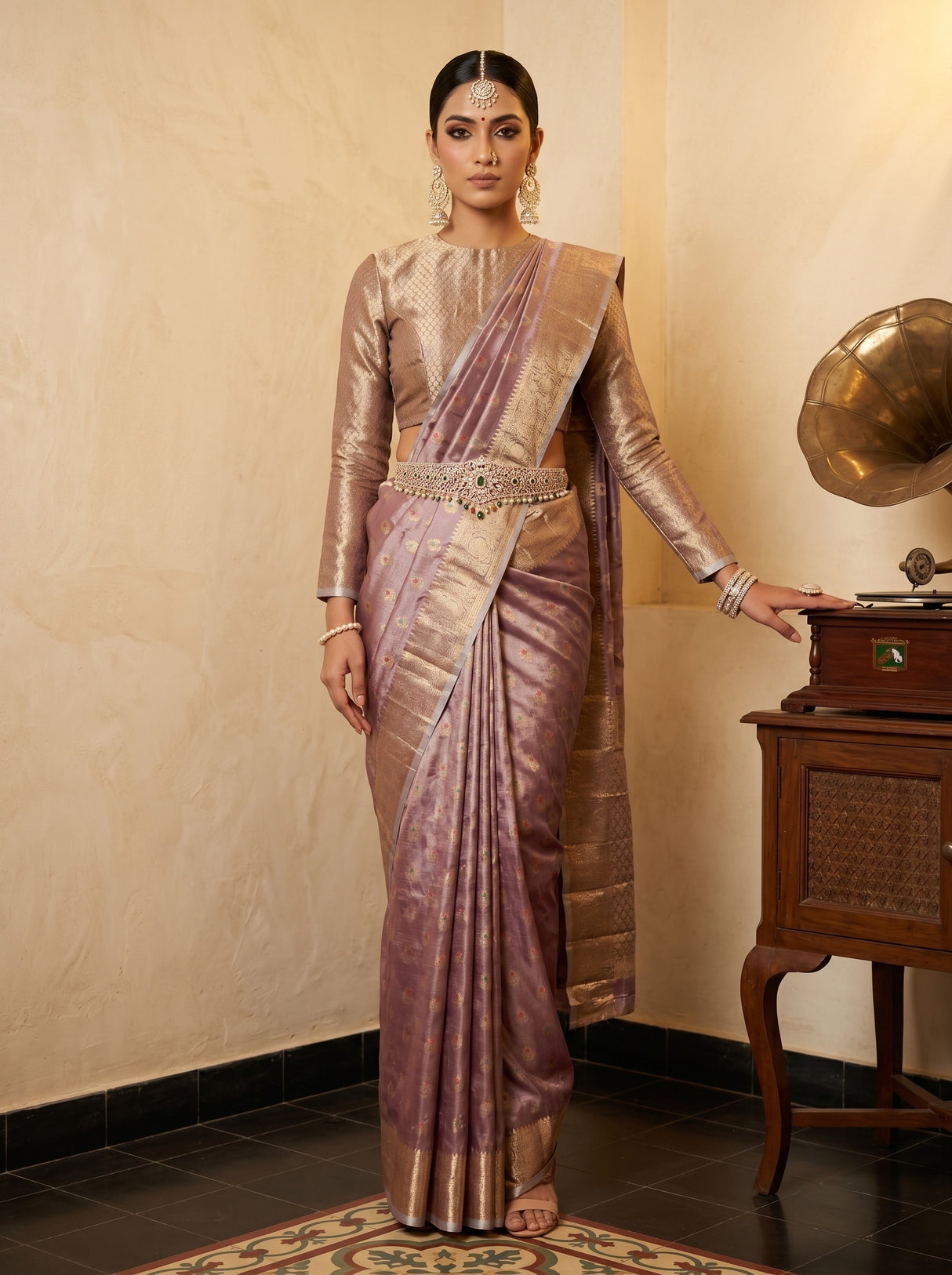 MIMOSA Wine Banarasi Art Silk Saree — AI Model lifestyle pose 1