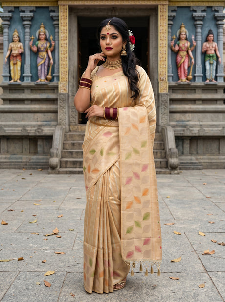 MIMOSA Chikoo Banarasi Art Silk Saree — front view on mannequin