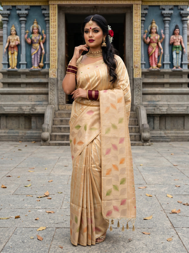 MIMOSA Chikoo Banarasi Art Silk Saree — front view on mannequin