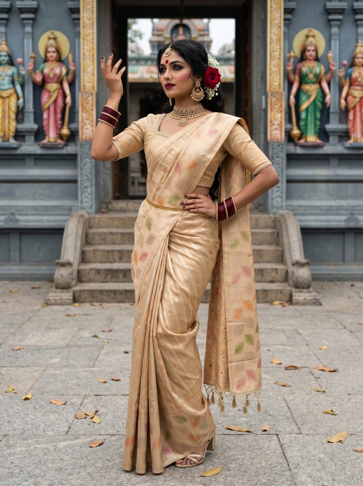 MIMOSA Chikoo Banarasi Art Silk Saree — pose 4 styling detail