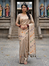 MIMOSA Half White Banarasi Art Silk Saree — front view on mannequin