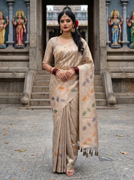 MIMOSA Half White Banarasi Art Silk Saree — front view on mannequin