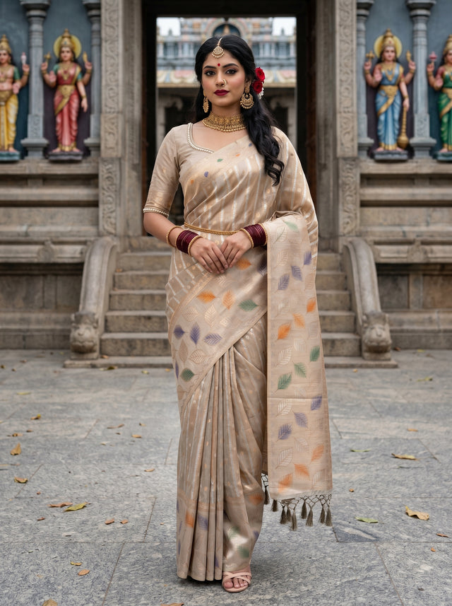 MIMOSA Half White Banarasi Art Silk Saree — front view on mannequin