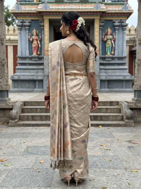 MIMOSA Half White Banarasi Art Silk Saree — pose 2 styling detail