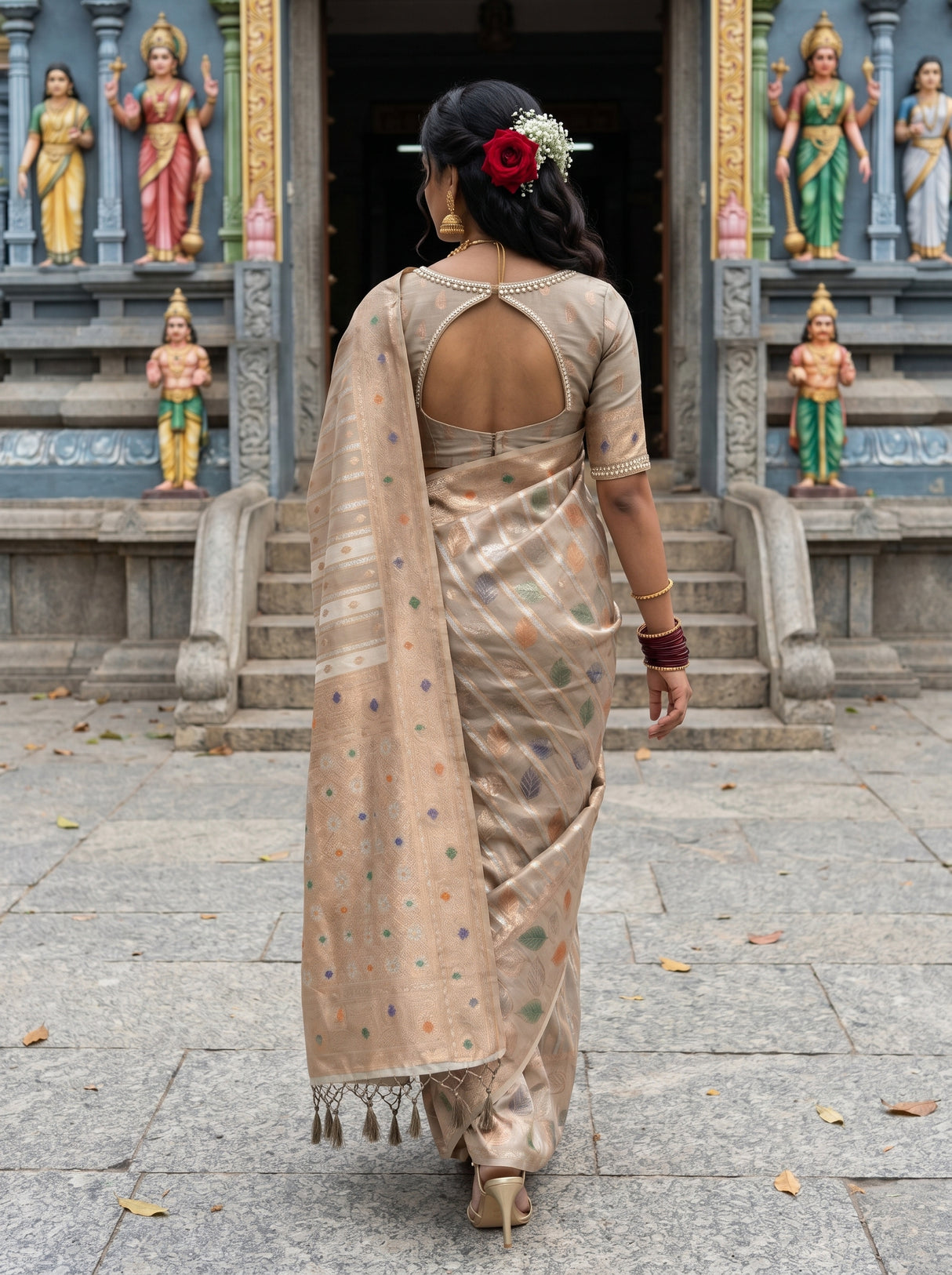 MIMOSA Half White Banarasi Art Silk Saree — pose 6 styling detail