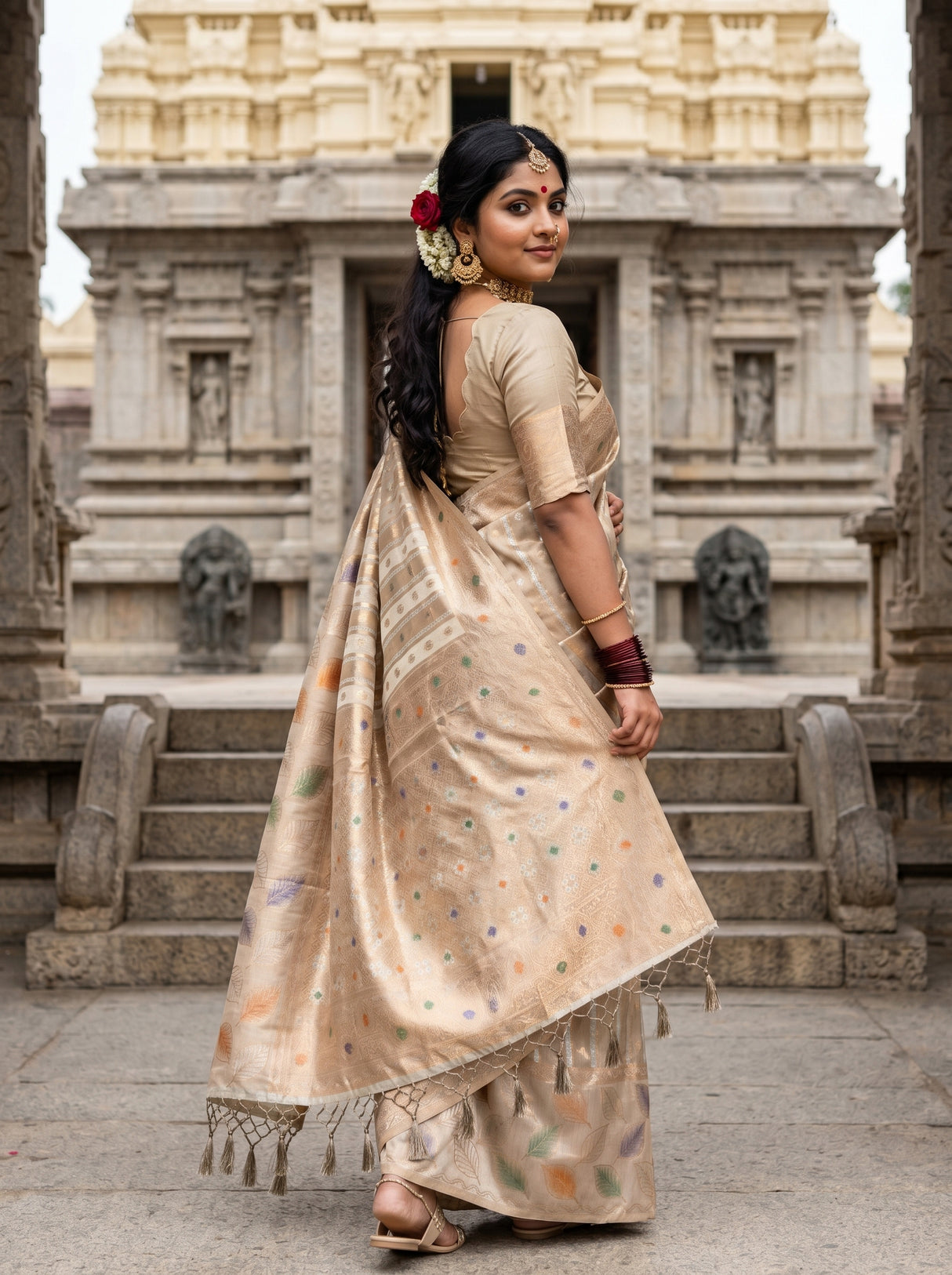 MIMOSA Half White Banarasi Art Silk Saree — pose 9 styling detail
