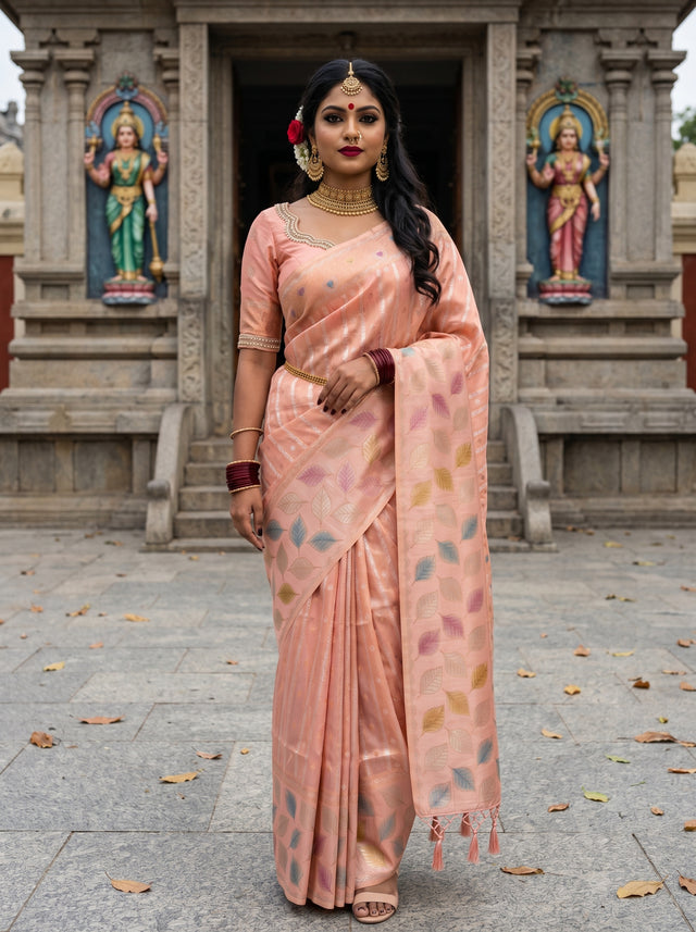 MIMOSA Peach Banarasi Art Silk Saree — front view on mannequin