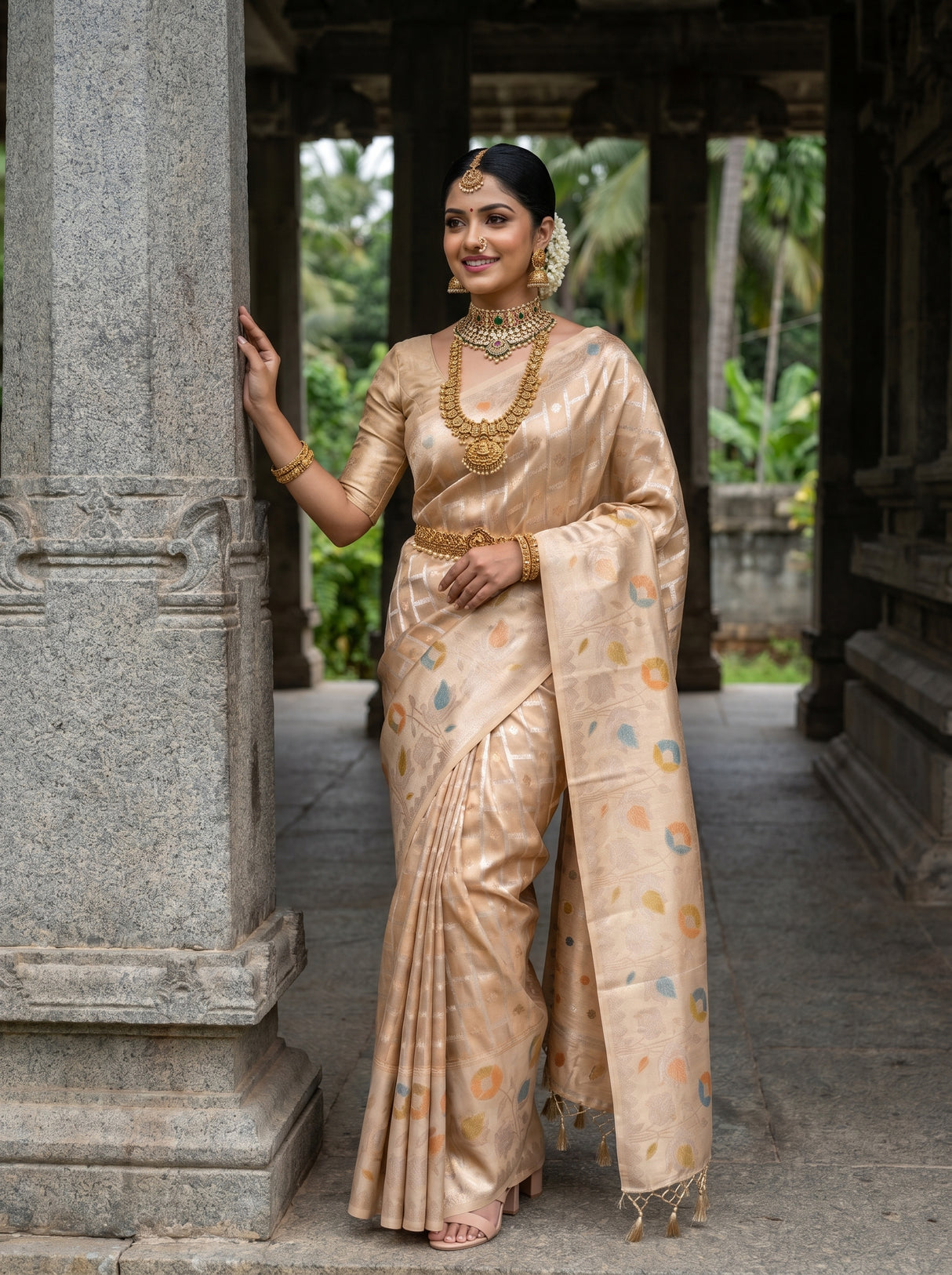 MIMOSA Chikoo Banarasi Art Silk Saree — Full view on model