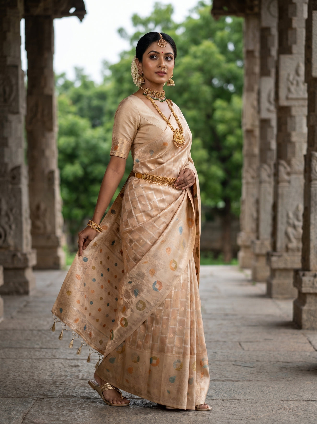 MIMOSA Chikoo Banarasi Art Silk Saree — Face and jewelry detail