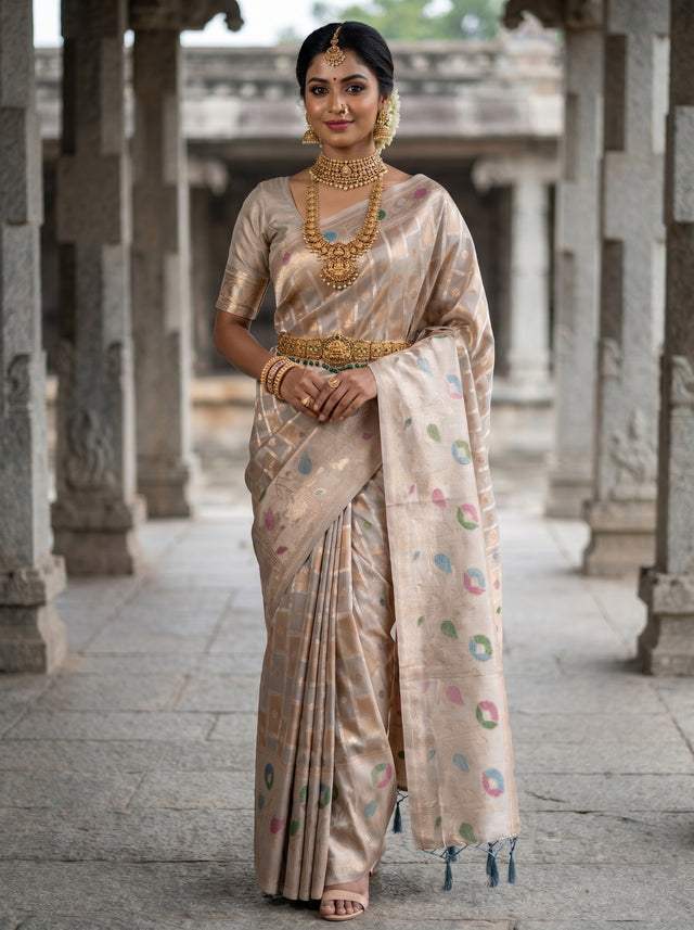 MIMOSA Grey Banarasi Art Silk Saree — Full view on model
