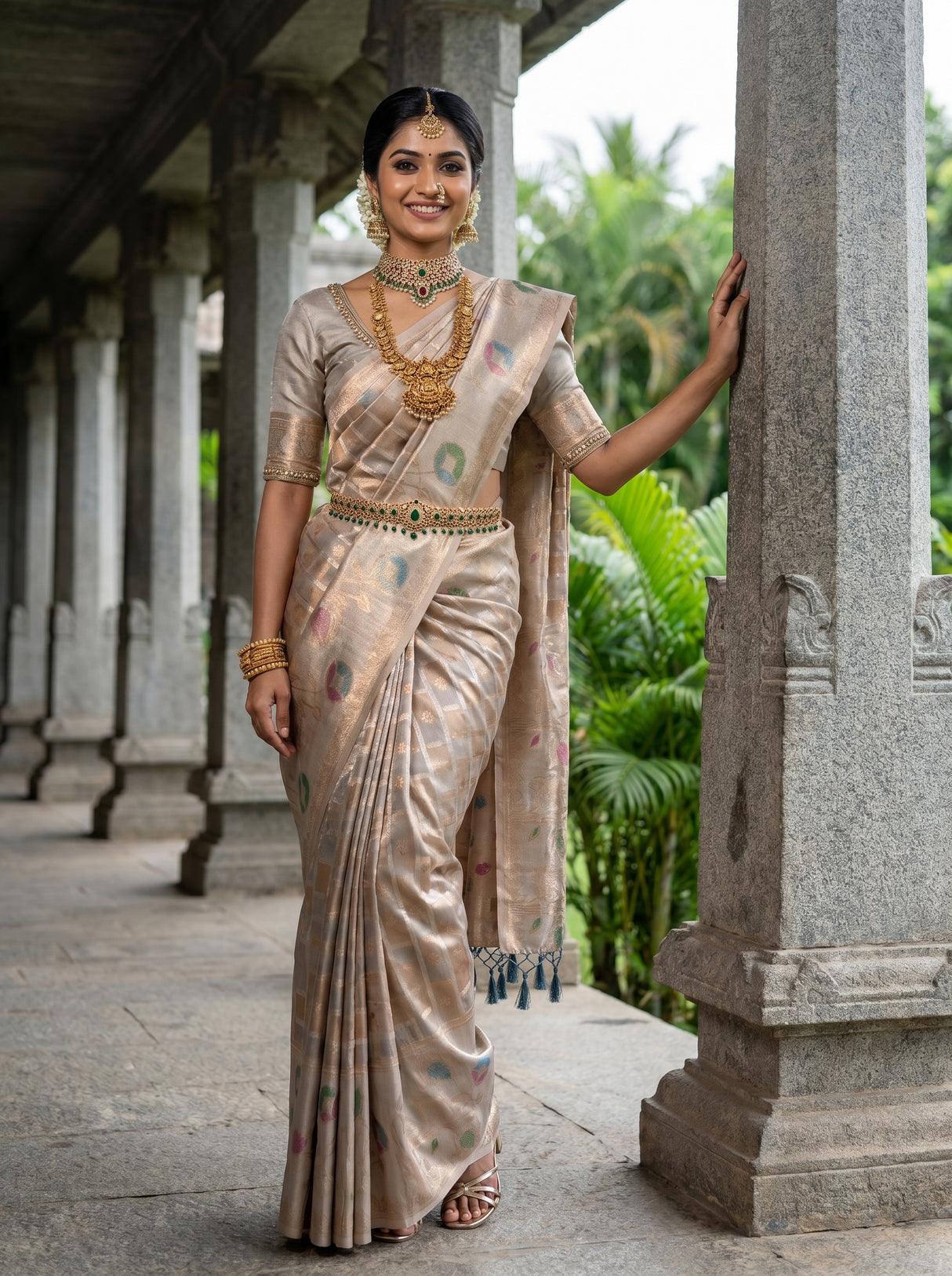 MIMOSA Grey Banarasi Art Silk Saree — View of the back and hairstyle