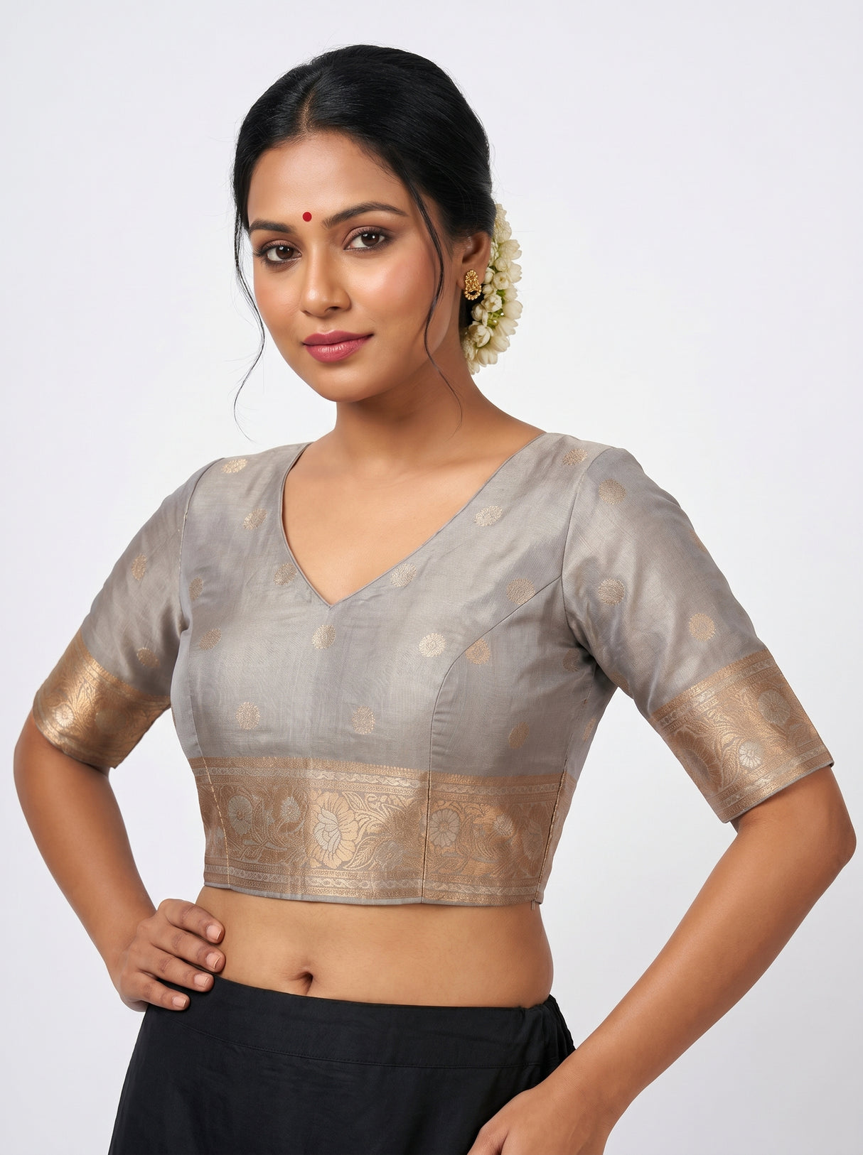 MIMOSA Grey Banarasi Art Silk Saree — Torso view showing blouse and pallu drape