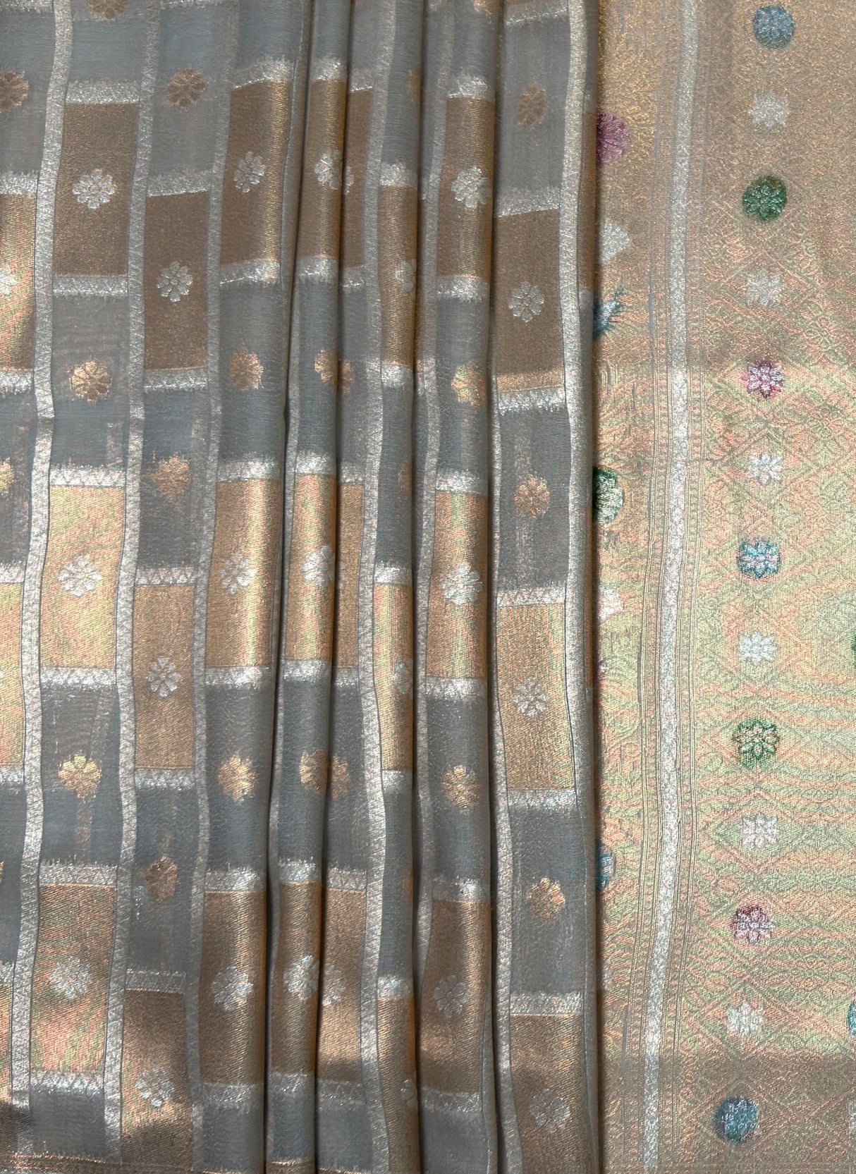 MIMOSA Grey Banarasi Art Silk Saree — Side view of the model and background