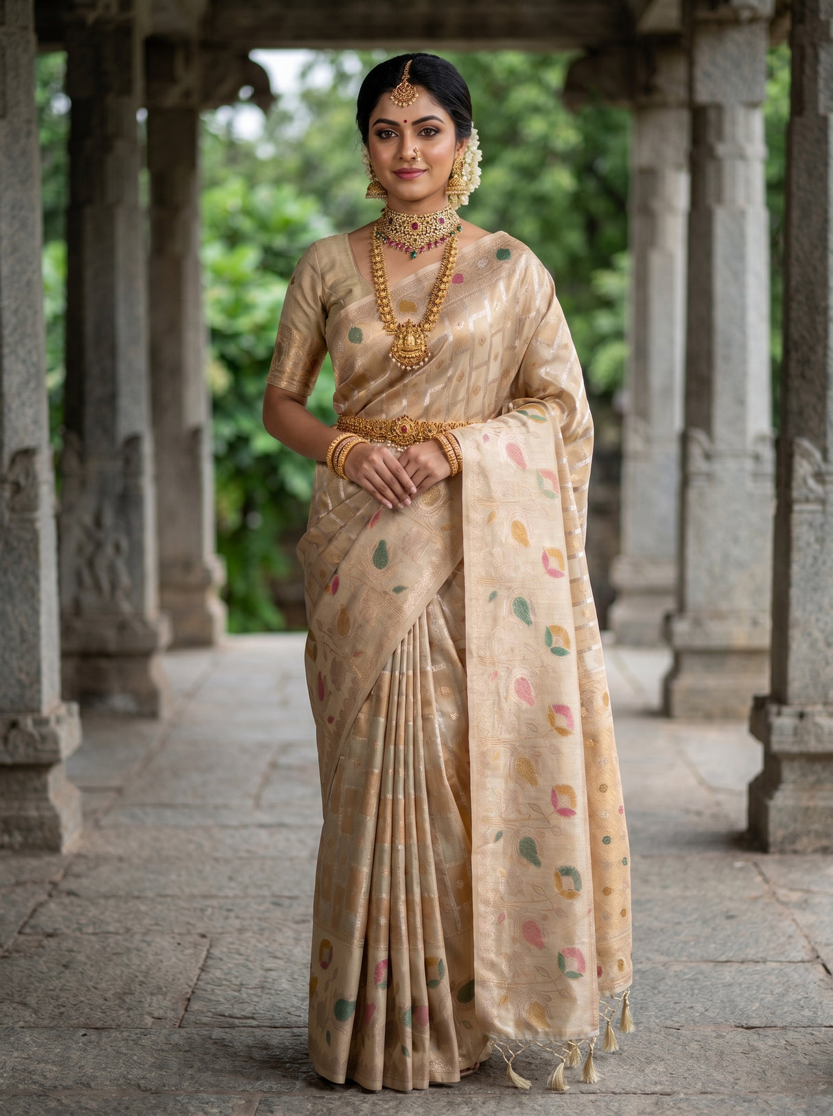 MIMOSA Half White Banarasi Art Silk Saree — Full view on model