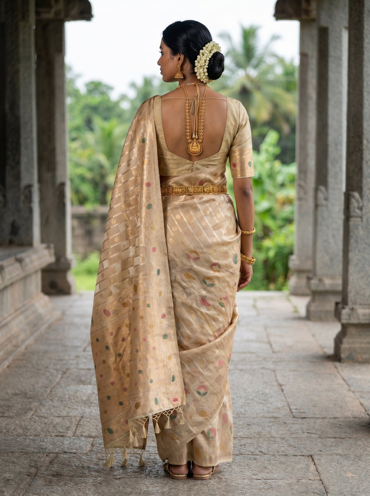 MIMOSA Half White Banarasi Art Silk Saree — Close-up of the border and hand pose